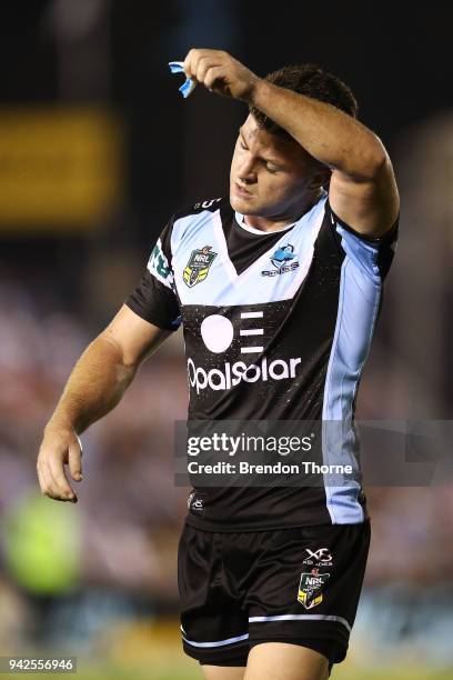 Chad Townsend of the Sharks shows his frustration during the round five NRL match between the Cronulla Sharks and the Sydney Roosters at Southern...