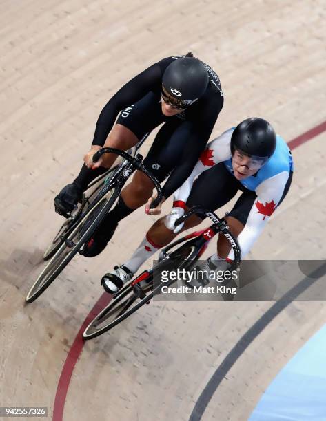 Natasha Hansen of New Zealand and Lauriane Genest of Canada compete in the Women's Sprint Semi finals cycling on day two of the Gold Coast 2018...
