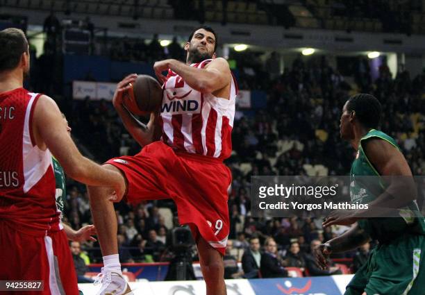 Ioannis Bourousis, #9 of Olympiacos Piraeus in action during the Euroleague Basketball Regular Season 2009-2010 Game Day 7 between Olympiacos Piraeus...