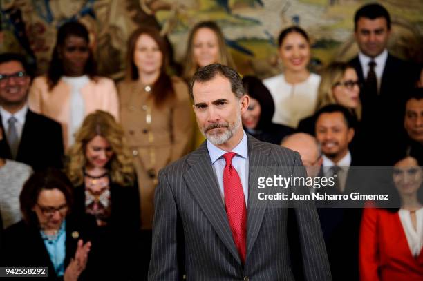 King Felipe VI of Spain attends audiences at Zarzuela Palace on April 6, 2018 in Madrid, Spain.