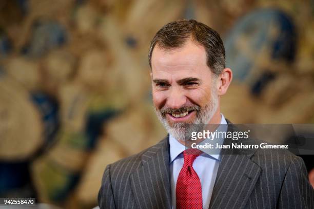 King Felipe VI of Spain attends audiences at Zarzuela Palace on April 6, 2018 in Madrid, Spain.