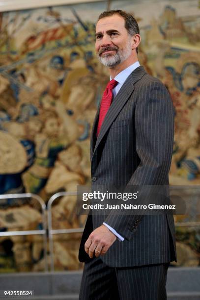 King Felipe VI of Spain attends audiences at Zarzuela Palace on April 6, 2018 in Madrid, Spain.