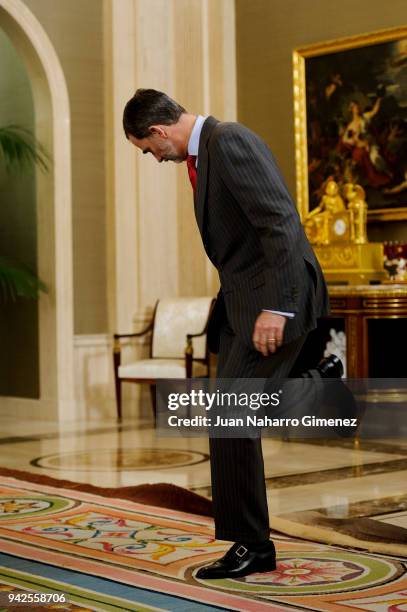 King Felipe VI of Spain attends audiences at Zarzuela Palace on April 6, 2018 in Madrid, Spain.