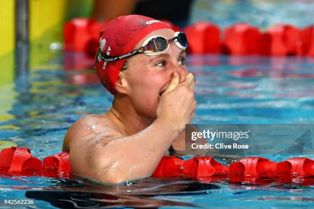 Sarah Vasey of England celebrates after winning the Women's 50m Breaststroke Final on day two of the Gold Coast 2018 Commonwealth Games at Optus...