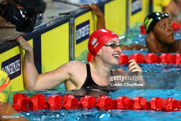 Sarah Vasey of England celebrates after winning the Women's 50m Breaststroke Final on day two of the Gold Coast 2018 Commonwealth Games at Optus...