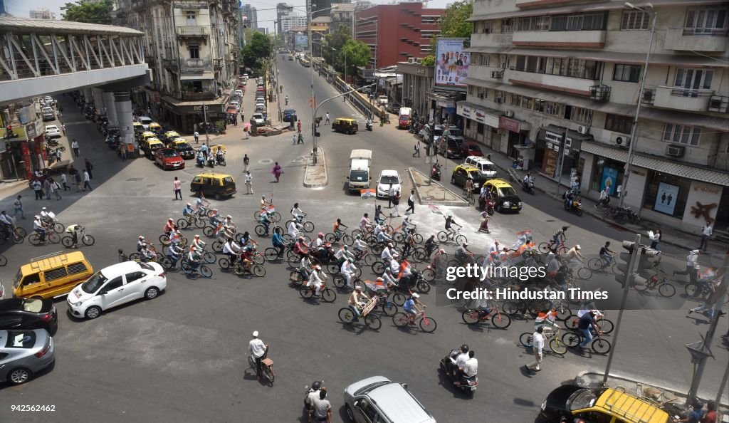 Congress Holds Bicycle Rally To Protest Against Rising Fuel Prices
