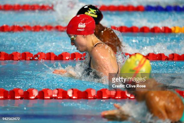 Sarah Vasey of England competes during the Women's 50m Breaststroke Final on day two of the Gold Coast 2018 Commonwealth Games at Optus Aquatic...