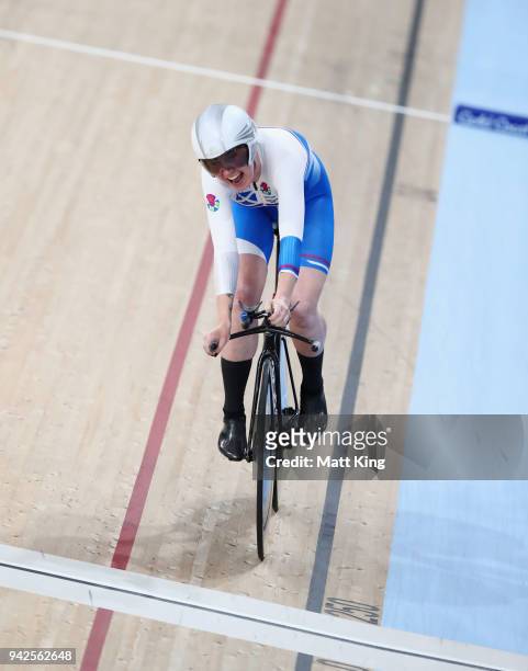 Katie Archibald of Scotland celebrates winning gold in the Women's 3000m Individual Pursuit Gold Final during the Cycling on day two of the Gold...
