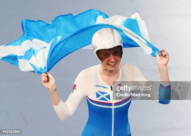 Katie Archibald of Scotland celebrates winning gold in the Women's 3000m Individual Pursuit Gold Final during the Cycling on day two of the Gold...