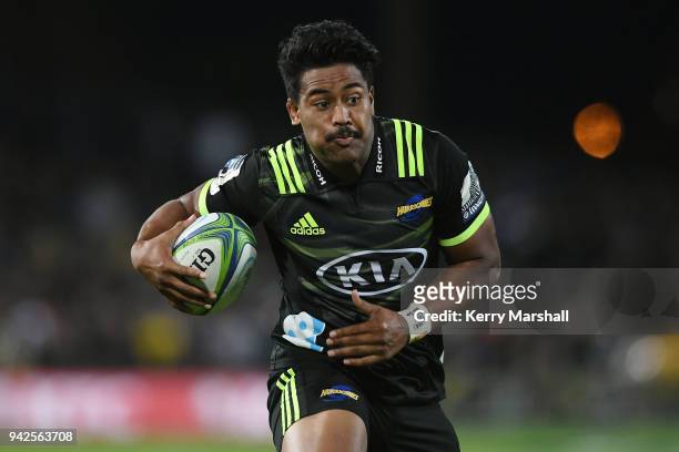 Julian Savea of the Hurricanes in action during the round eight Super Rugby match between the Hurricanes and the Sharks at McLean Park on April 6,...