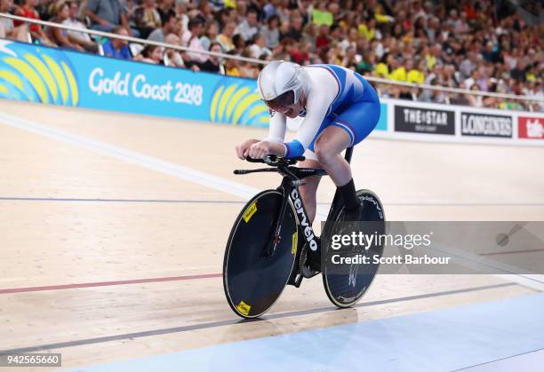 Katie Archibald of Scotland competes in the Women's 3000m Individual Pursuit Gold Final during the Cycling on day two of the Gold Coast 2018...