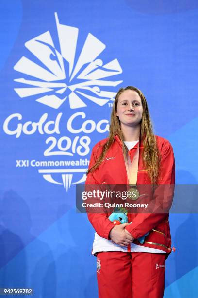 Gold medalist Sarah Vasey of England looks on during the medal ceremony for the Women's 50m Breaststroke Final on day two of the Gold Coast 2018...