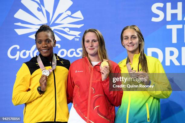 Silver medalist Alia Atkinson of Jamaica, gold medalist Sarah Vasey of England and bronze medalist Leiston Pickett of Australia pose during the medal...