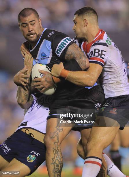 Andrew Fifita of the Sharks is tackled during the round five NRL match between the Cronulla Sharks and the Sydney Roosters at Southern Cross Group...