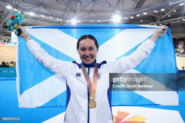 Gold medalist Katie Archibald of Scotland celebrates during the medal ceremony for the Women's 3000m Individual Pursuit Gold Final on day two of the...