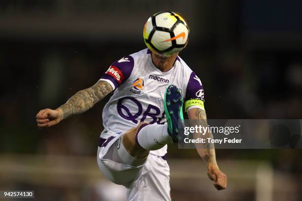 Andy Keogh of the Glory controls the ball during the round 26 A-League match between the Newcastle Jets and the Perth Glory at McDonald Jones Stadium...