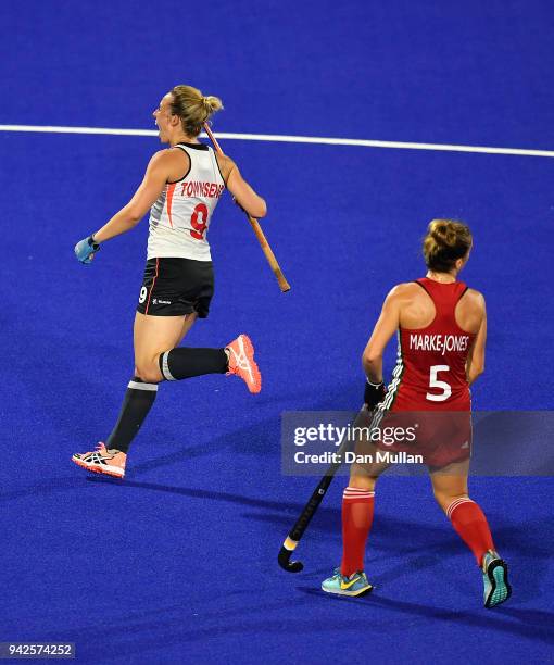 Susannah Townsend of England celebrates scoring her side's second goal during the Hockey Women's Pool A Match between England and Wales on day two of...