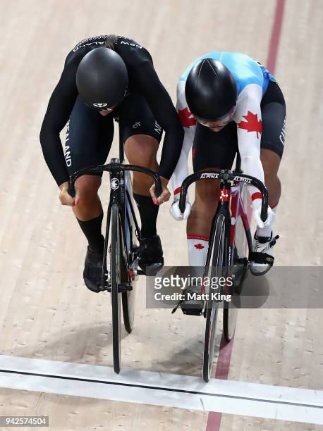 Natasha Hansen of New Zealand edges out Lauriane Genest of Canada to win the Women's Sprint Semi finals heat during the Cycling on day two of the...