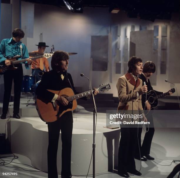 English pop group The Hollies perform on the Bobbie Gentry music series for BBC Television at Television Centre in London in August 1968. Members of...