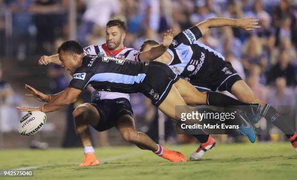 Joseph Paulo of the Sharks fails to ground the ball for a try during the round five NRL match between the Cronulla Sharks and the Sydney Roosters at...