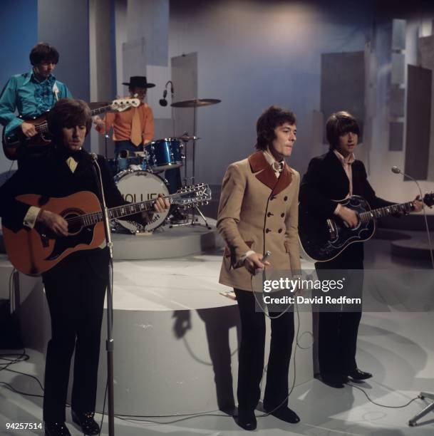 English pop group The Hollies perform on the Bobbie Gentry music series for BBC Television at Television Centre in London in August 1968. Members of...