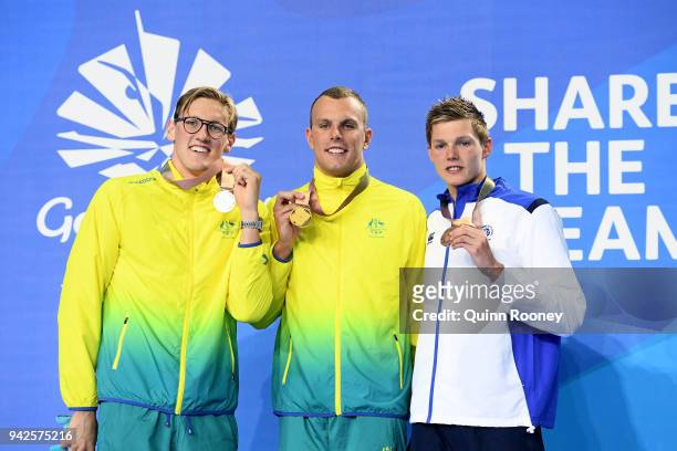 Silver medalist Mack Horton of Australia, gold medalist Kyle Chalmers of Australia and Bronze medalist Duncan Scott of Scotland pose during the medal...