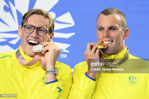 Silver medalist Mack Horton of Australia and gold medalist Kyle Chalmers of Australia pose during the medal ceremony for the Men's 200m Freestyle...