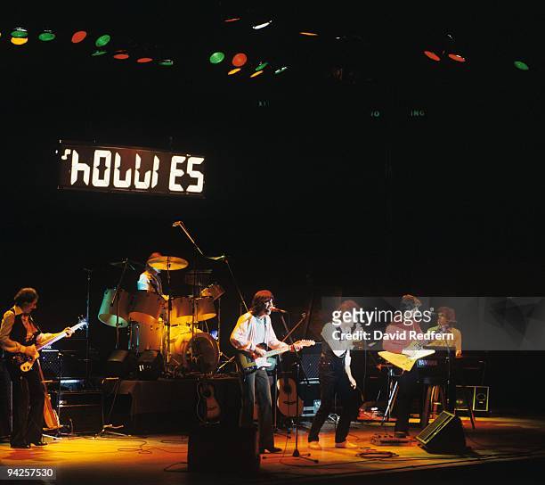 Tony Hicks, Allan Clarke and Terry Sylvester of the Holies perform on stage circa 1979.