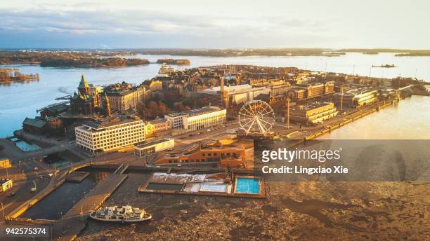aerial view of katajanokka island and cityscape at sunrise, helsinki, finland - helsinki foto e immagini stock