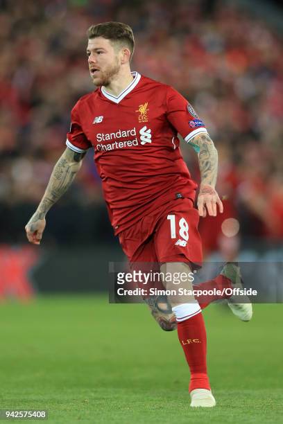 Alberto Moreno of Liverpool in action during the UEFA Champions League Quarter Final First Leg match between Liverpool and Manchester City at Anfield...