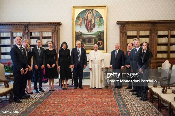 Pope Francis meets the President of United States of America Donald Trump in the Private Library of the Apostolic Palace with his wife Melania, his...
