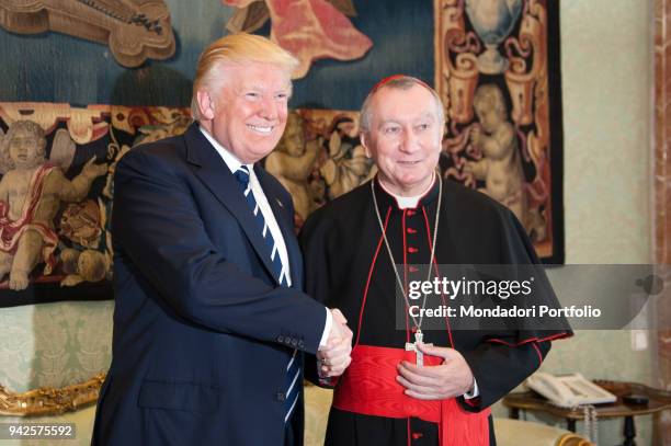 Pope Francis meets the President of United States of America Donald Trump in the Private Library of the Apostolic Palace with his wife Melania, his...