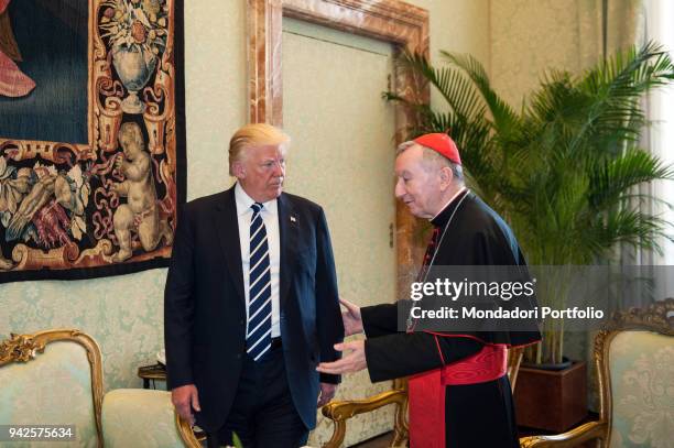 Pope Francis meets the President of United States of America Donald Trump in the Private Library of the Apostolic Palace with his wife Melania, his...