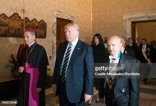 Pope Francis meets the President of United States of America Donald Trump in the Private Library of the Apostolic Palace with his wife Melania, his...
