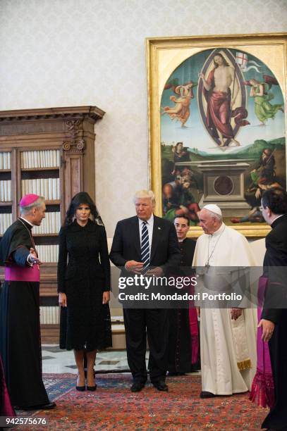 Pope Francis meets the President of United States of America Donald Trump in the Private Library of the Apostolic Palace with his wife Melania, his...