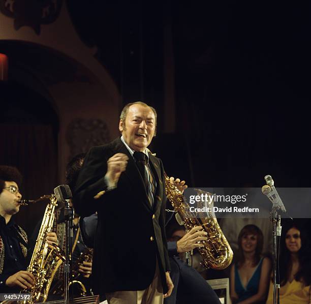 American jazz musician and band leader Woody Herman performs on stage in Chichester in 1978.