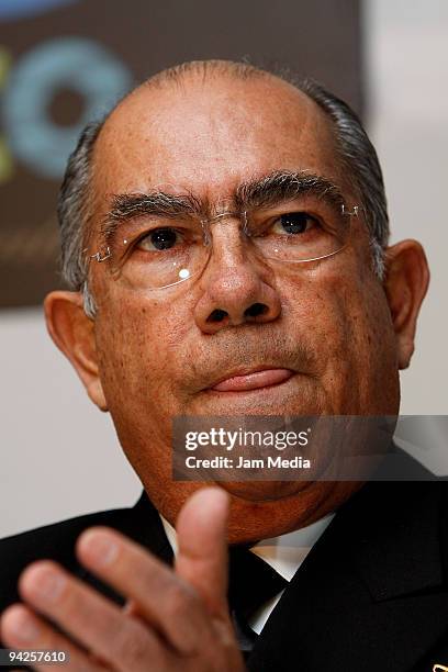 Mariano Francisco Saynez, secretary of the Navy, attends a press conference to present the Mexico Cup Regatta at Nikko Hotel on December 10, 2009 in...