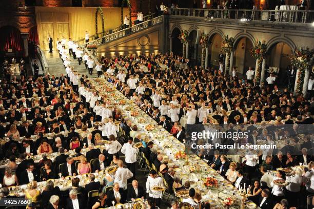 General view during the Nobel Foundation Prize Banquet 2009 at the Town Hall on December 10, 2009 in Stockholm, Sweden.