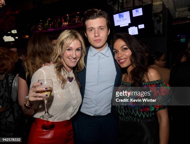 Producer Rachel Winter, actors Nick Robinson and Rosario Dawson pose at the after party for the premiere Of Paladin and Great Point Media's "Krystal"...