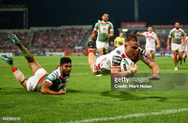 Euan Aitken of the Dragons dives to score a try during the round five NRL match between the St George Illawarra Dragons and the South Sydney...
