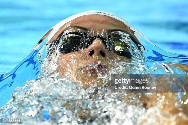 Kylie Masse of Canada competes during the Women's 100m Backstroke Semifinal 2 on day two of the Gold Coast 2018 Commonwealth Games at Optus Aquatic...