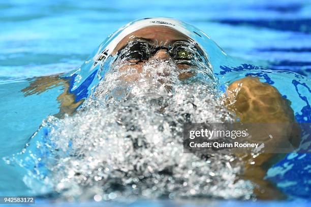 Kylie Masse of Canada competes during the Women's 100m Backstroke Semifinal 2 on day two of the Gold Coast 2018 Commonwealth Games at Optus Aquatic...