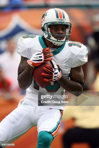 Wide receiver Ted Ginn Jr. #19 of the Miami Dolphins makes a catch against the New England Patriots at Land Shark Stadium on December 6, 2009 in...