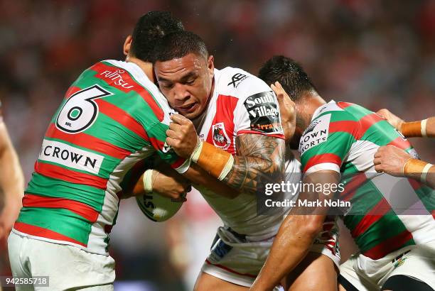 Tyson Frizell of the Dragons is tackled during the round five NRL match between the St George Illawarra Dragons and the South Sydney Rabbitohs at UOW...