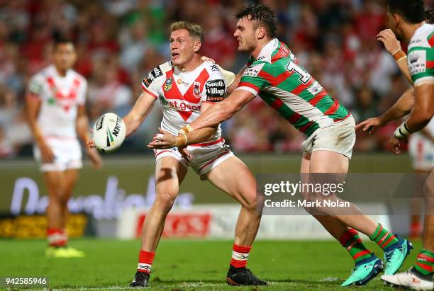 Kurt Mann of the Dragons passes during the round five NRL match between the St George Illawarra Dragons and the South Sydney Rabbitohs at UOW Jubilee...