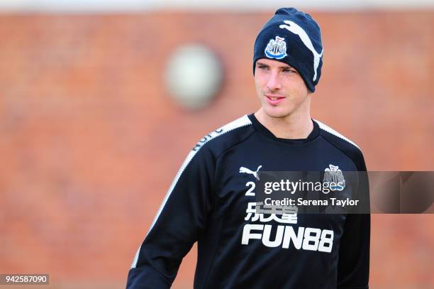 Ciaran Clark walks outside during the Newcastle United Training session at the Newcastle United Training Centre on April 6 in Newcastle upon Tyne,...