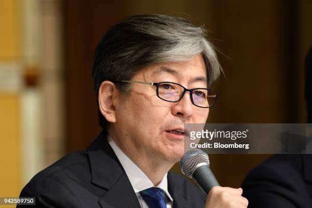 Oki Matsumoto, president and chief executive officer of Monex Group Inc., speaks during a news conference in Tokyo, Japan, on Friday, April 6, 2018....