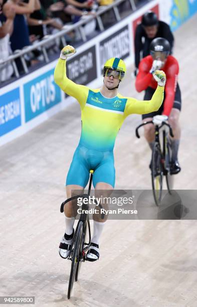 Matt Glaetzer of Australia celebrates winning gold in the Men's Keirin Finals during the Cycling on day two of the Gold Coast 2018 Commonwealth Games...