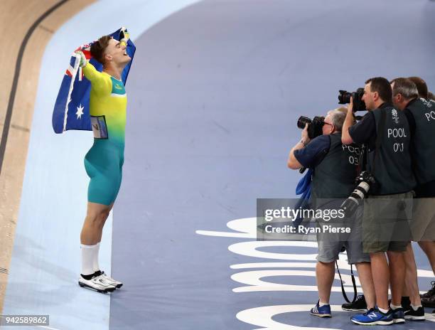 Matt Glaetzer of Australia celebrates winning gold in the Men's Keirin Finals during the Cycling on day two of the Gold Coast 2018 Commonwealth Games...