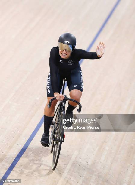 Natasha Hansen of New Zealand celebrates after the Women's Sprint Semi finals during the Cycling on day two of the Gold Coast 2018 Commonwealth Games...